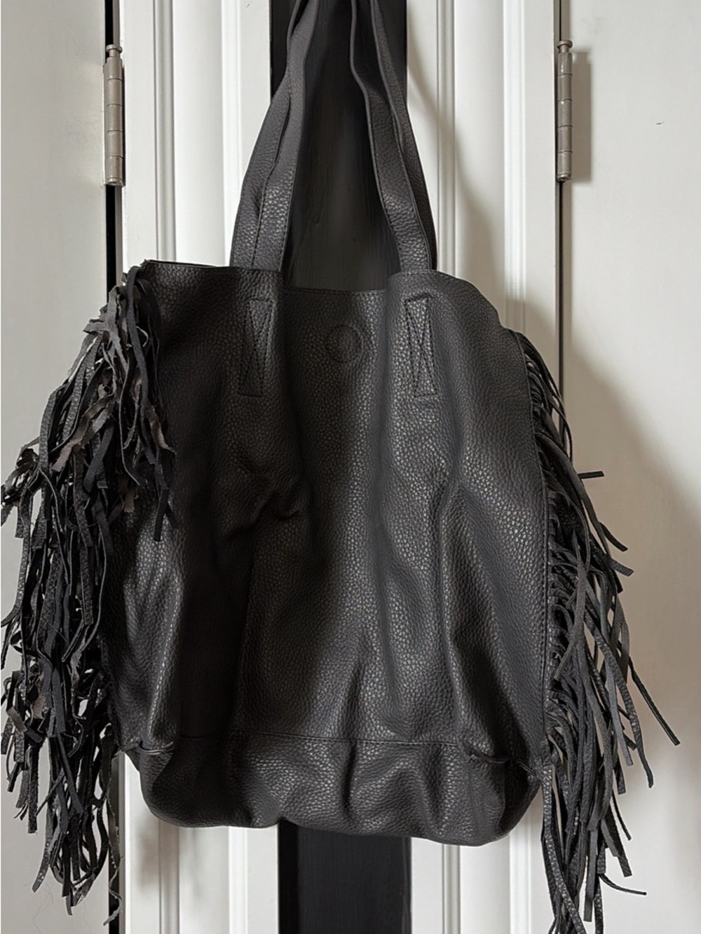 Fringe Leather Tote Bag - Gray Vintage